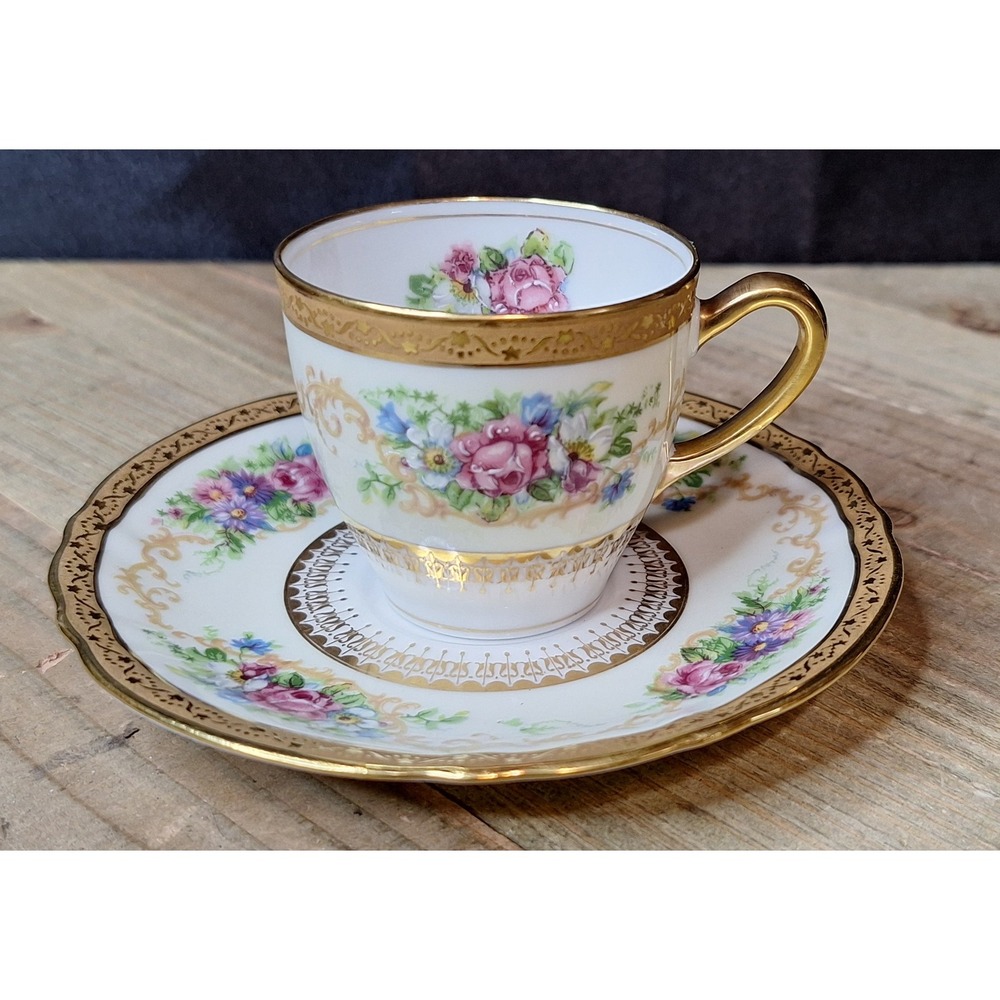 Antique Tilden-Thurber RC France Porcelain Demitasse Cup Saucer Floral Gold Gilt